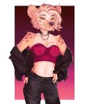  alpha_channel anthro breasts choker clothed clothing collar confident crop_top digital_media_(artwork) female fishnet fur hair hi_res hyenna jewelry leather looking_at_viewer mammal navel necklace pinup pose purrr-evil shirt simple_background solo standing topwear 
