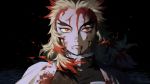  1boy black_background blonde_hair blood blood_on_face bloody_clothes closed_mouth cuts fire highres injury japanese_clothes kimetsu_no_yaiba looking_at_viewer male_focus multicolored multicolored_eyes multicolored_hair otayumaru red_hair rengoku_kyoujurou scar_on_forehead simple_background solo two-tone_hair 