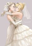  2girls alternate_hairstyle ange_(princess_principal) bangs bare_shoulders beige_background blonde_hair blue_eyes blunt_bangs blush braid braided_bun breasts bride couple dress earrings elbow_gloves eye_contact face-to-face flower from_side gloves gown grey_background grey_hair hair_bun hair_flower hair_ornament highres hug imminent_kiss jewelry light_brown_hair lily_(flower) looking_at_another multiple_girls necklace princess_(princess_principal) princess_principal profile revision side_braid sidelocks signature simple_background small_breasts strapless strapless_dress veil wedding wedding_dress white_dress white_gloves wife_and_wife yotsura yuri 
