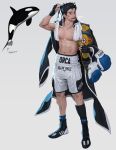  1boy arm_up black_footwear black_gloves black_hair boxing_gloves fingerless_gloves full_body gloves highres muscular navel open_mouth orca original rinotuna shoes short_hair shorts simple_background smile solo standing white_background 