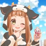  1girl animal_costume blush brown_hair cloud cow_costume hand_on_own_chin hand_up highres ichihara_nina idolmaster idolmaster_cinderella_girls idolmaster_cinderella_girls_starlight_stage long_hair long_sleeves looking_at_viewer one_eye_closed open_mouth rino_cnc smile solo yellow_eyes 