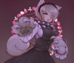  1girl :o animal_ears artist_name bangs black_collar black_dress blush breasts c01a_(cola) claws collar commentary cowboy_shot danganronpa_(series) danganronpa_v3:_killing_harmony dress eyes_visible_through_hair fang food_print gloves green_eyes hair_over_one_eye highres large_breasts long_sleeves looking_at_viewer one_eye_closed open_mouth oversized_object paws purple_hair short_hair skirt solo sparkle spider_web_print spiked_collar spikes strawberry_print tail toujou_kirumi wolf_ears wolf_girl wolf_tail 