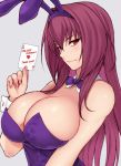 1girl animal_ears bangs bare_shoulders blush breasts bunny_ears card cleavage cocq_taichou detached_collar fake_animal_ears fate/grand_order fate_(series) hair_between_eyes large_breasts leotard long_hair looking_at_viewer piercing_bunny playboy_bunny playing_card purple_hair purple_leotard red_eyes scathach_(fate)_(all) scathach_(fate/grand_order) smile wrist_cuffs 