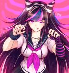  1girl :q artist_name bangs black_hair black_nails black_skirt blue_hair breasts c01a_(cola) claw_pose collarbone commentary cowboy_shot danganronpa_(series) danganronpa_2:_goodbye_despair ear_piercing elbow_gloves english_commentary eyebrows_visible_through_hair fingernails gloves hands_up highres jewelry large_breasts lip_piercing long_hair long_neck looking_at_viewer medium_breasts mioda_ibuki multicolored_hair neckerchief necklace piercing pink_eyes pink_hair pleated_skirt purple_eyes school_uniform scrunchie serafuku sharp_fingernails shirt short_sleeves single_glove skirt smile solo thighhighs tongue tongue_out white_hair wrist_scrunchie 