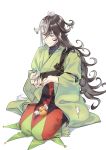  1boy animal_on_hand animal_on_head ashiya_douman_(fate) asymmetrical_hair bell black_eyes black_hair curly_hair fate/grand_order fate_(series) fingernails food fruit full_body green_kimono green_nails hair_bell hair_between_eyes hair_intakes hair_ornament highres hinoya japanese_clothes kimono long_hair male_focus mandarin_orange mouse multicolored_hair on_head seiza sharp_fingernails sitting solo sweatdrop two-tone_hair very_long_fingernails very_long_hair white_background white_hair 