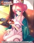  1girl ahoge alcohol barefoot blue_eyes breasts commentary_request cup double_bun feet green_kimono grey_kimono hair_bun japanese_clothes kimono kimono_on_shoulders koihime_musou large_breasts long_hair official_art pink_hair ryuubi sakazuki sake sitting smile solo toes 