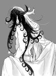  1boy ashiya_douman_(fate) ass asymmetrical_hair back bare_back bell black_eyes black_hair curly_hair earrings fate/grand_order fate_(series) from_behind fundoshi greyscale hair_bell hair_ornament japanese_clothes jewelry kimono long_hair magatama magatama_earrings male_focus monochrome multicolored_hair nezunomori open_clothes open_kimono solo two-tone_hair undressing very_long_hair white_hair 