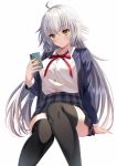  1girl bangs black_legwear blue_jacket blush breasts collared_shirt dress_shirt fate/grand_order fate_(series) grey_skirt harimoji jacket jeanne_d&#039;arc_(alter)_(fate) jeanne_d&#039;arc_(fate)_(all) large_breasts long_hair long_sleeves looking_at_viewer open_clothes open_jacket shirt silver_hair simple_background sitting skirt thighhighs white_background white_shirt yellow_eyes 