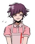 1boy :d apron bangs blunt_bangs collared_shirt danganronpa_(series) danganronpa_2:_goodbye_despair eyebrows_visible_through_hair genderswap genderswap_(ftm) holding looking_at_viewer male_focus no_(xpxz7347) nurse open_mouth puffy_short_sleeves puffy_sleeves purple_eyes purple_hair shirt short_hair short_sleeves simple_background sketch smile solo tsumiki_mikan upper_body white_background 