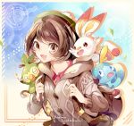  1girl :d backpack bag blush bob_cut brown_bag brown_eyes brown_hair buttons cardigan coco7 collared_dress commentary dress gen_8_pokemon gloria_(pokemon) green_headwear grey_cardigan grookey hat holding_strap hooded_cardigan open_mouth pink_dress poke_ball poke_ball_(basic) pokemon pokemon_(creature) pokemon_(game) pokemon_swsh scorbunny short_hair smile sobble starter_pokemon_trio tam_o&#039;_shanter tongue 