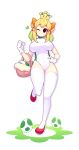  1girl absurdres basket black_eyes blonde_hair breasts closed_mouth egg eyebrows_visible_through_hair fizintine full_body gloves hand_on_hip heart highres holding holding_basket large_breasts leotard mario_(series) new_super_mario_bros._u_deluxe one_eye_closed short_hair smile solo super_crown thighhighs white_gloves white_leotard yoshi 