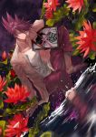  1boy absurdres bangs blood blood_from_mouth closed_mouth collarbone collared_shirt commentary_request cross danganronpa_(series) danganronpa_v3:_killing_harmony dutch_angle facial_hair flower hair_between_eyes highres iei jacket knee_up long_sleeves looking_at_viewer male_focus momota_kaito night night_sky open_clothes open_shirt outdoors pants pink_blood pink_pants print_shirt purple_hair qianhai red_flower shirt short_hair sitting sky smile spiked_hair spoilers wading water 