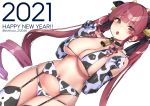  1girl 2021 animal_ears animal_print bangs bell bell_collar bikini blush breasts cleavage collar commentary_request cow_ears cow_horns cow_print cowbell drill_hair ear_tag elbow_gloves fake_animal_ears fake_horns garter_belt garter_straps garters gloves happy_new_year heterochromia highres hololive horns houshou_marine large_breasts lips long_hair looking_at_viewer navel new_year open_mouth oshiruko_(oshiruco_212048) red_eyes sidelocks skindentation solo swimsuit thighhighs twin_drills twintails twitter_username very_long_hair virtual_youtuber white_background yellow_eyes 