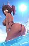  1girl absurdres ass bikini blue_sky blush breasts brown_hair commission dark_skin dark_skinned_female day eyebrows_visible_through_hair fizintine highres horns large_breasts looking_at_viewer original outdoors parted_lips short_hair short_ponytail sideboob sky solo sun swimsuit water yellow_eyes 