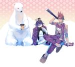  2boys absurdres animal animal_hug animal_on_head baby_penguin bear bird checkered checkered_scarf commentary_request covering_mouth cup danganronpa_(series) danganronpa_v3:_killing_harmony grey_shirt grin hair_between_eyes highres holding holding_cup jacket jacket_on_shoulders long_sleeves male_focus momota_kaito multiple_boys on_ground on_head one_eye_closed open_clothes ouma_kokichi pants penguin pink_jacket polar_bear print_shirt purple_hair qianhai scarf shiny shiny_hair shirt shoes sitting sleeves_pushed_up smile snow space_print starry_sky_print telescope white_pants 