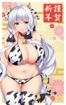 1girl absurdres ahoge alternate_costume animal_ears animal_print arm_behind_back azur_lane bare_shoulders bell bell_collar blue_eyes blush bow breasts cleavage collar cow_ears cow_horns cow_print curvy hair_bow hair_ribbon halterneck highres horns illustrious_(azur_lane) large_breasts long_hair mamizu navel open_mouth ribbon thighhighs thighs translation_request tress_ribbon tri_tails very_long_hair white_hair 