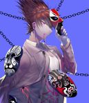  1boy bangs blood blood_from_mouth blue_background brown_hair chain_print collared_shirt commentary_request danganronpa_(series) danganronpa_v3:_killing_harmony dress_shirt from_side hair_over_one_eye hand_up highres holding holding_mask jacket long_sleeves looking_at_viewer male_focus mask mask_removed momota_kaito open_clothes pink_blood pink_eyes qianhai shirt simple_background solo spiked_hair toned upper_body white_shirt 