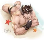  1boy absurdres anjingkuxiao ass bara barawa brown_eyes brown_hair draph erection facial_hair gloves goatee granblue_fantasy hat highres horns jockstrap looking_at_viewer lying male_focus male_underwear manly muscular on_stomach pectorals penis pipe pointy_ears simple_background smile solo starfish testicles underwear 