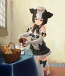  1girl animal_ears animal_print aoi_suzu_(kurone) bangs bare_shoulders basket bell black_hair black_skirt bottle bow bowtie bread closed_eyes cow_ears cow_girl cow_print cow_tail day detached_collar drink elbow_gloves eyebrows_visible_through_hair eyelashes feet_out_of_frame fine_art_parody food frilled_skirt frills gloves hair_between_eyes hair_bow highres holstein_friesian_cattle_(kemono_friends) indoors kemono_friends lips medium_hair microskirt milk milk_bottle multicolored_hair parody pouring print_gloves print_legwear print_shirt shirt skirt sleeveless sleeveless_shirt solo standing table tablecloth tail the_milkmaid thighhighs two-tone_hair white_hair window zettai_ryouiki 