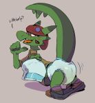  anthro blush bodily_fluids clothed clothing crackajackin dialogue diaper footwear genital_fluids gesture hat headgear headwear hi_res holding_object male pants_down partially_clothed pointing presenting_to_viewer raised_tail reptile scalie shoes solo urine wet_diaper wetting 