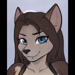  1:1 a.i. ai_generated anthro artbreeder black_nose blue_eyes bra brown_body brown_fur brown_hair canid canine canis clothing female fur grey_body grey_fur grin hair headshot_portrait jenny_donaldson_(mrstarbud) looking_at_viewer mammal portrait simple_background smile solo underwear wolf 