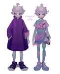  1boy bangs bede_(pokemon) clenched_hand closed_mouth coat collared_shirt commentary gloves grey_hair hand_in_pocket highres knees leggings looking_at_viewer male_focus multiple_views number pokemon pokemon_(game) pokemon_swsh purple_coat purple_eyes shirt shoes short_hair short_sleeves shorts side_slit side_slit_shorts single_glove smile standing thxzmgn 