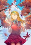  1girl ;) absurdres ahoge akamatsu_kaede arm_up autumn autumn_leaves backpack bag bangs blonde_hair breasts closed_mouth cloud collared_shirt danganronpa_(series) danganronpa_v3:_killing_harmony day falling_leaves from_below hair_ornament highres holding_strap large_breasts leaf light_smile long_hair long_sleeves musical_note musical_note_hair_ornament necktie one_eye_closed outdoors pink_vest pleated_skirt purple_eyes qianhai randoseru school_uniform shirt skirt smile solo sweater_vest vest 
