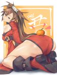  1girl ankle_boots bangs bare_shoulders boots breasts brown_eyes brown_hair china_dress chinese_clothes commentary_request dress food fruit guilty_gear hair_ornament hairclip highres kuma_(jk0073) kuradoberi_jam looking_at_viewer looking_back mandarin_orange medium_breasts open_mouth red_dress red_footwear shiny shiny_skin sitting solo sweat sweatdrop thighhighs wide_sleeves 