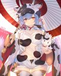  1girl 2021 animal_ears animal_print blue_hair breasts chinese_zodiac closed_mouth commentary_request cow cow_ears cow_hood cow_horns cow_print detached_sleeves draph earrings eyebrows_visible_through_hair granblue_fantasy happy_new_year highres holding holding_umbrella horns jewelry long_hair looking_at_viewer medium_breasts navel new_year oil-paper_umbrella red_eyes reki_(dezuko) shatola_(granblue_fantasy) sheer_clothes short_shorts shorts smile solo thigh_gap thighhighs thighs umbrella white_legwear white_shorts wide_sleeves year_of_the_ox 