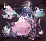  allister_(pokemon) character_doll coco7 commentary crescent_moon frills galarian_corsola galarian_form gen_8_pokemon hatenna hattrem holding holding_wand milcery moon mushroom no_humans pillow pokemon polteageist red_eyes tree under_covers wand window 