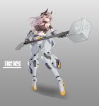  1girl absurdres arknights breasts cleavage floating_hair gradient gradient_background gundam gundam_msv hammer highres holding holding_hammer holding_weapon horns large_breasts looking_to_the_side mudrock_(arknights) mudrock_gundam namesake pink_hair pointy_ears power_armor red_eyes science_fiction sideboob solo standing weapon zhu_fun 