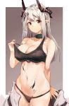  1girl absurdres arknights bangs bare_arms bare_shoulders black_choker black_panties breasts choker cleavage cowboy_shot crop_top groin hand_up highres horns jsscj large_breasts long_hair looking_at_viewer midriff mudrock_(arknights) navel oripathy_lesion_(arknights) panties pointy_ears red_eyes silver_hair solo sports_bra standing stomach strap_pull underwear 