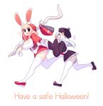  2girls absurdres animal_ears ass black_eyes black_footwear blush breasts bunny_ears bunny_girl bunny_tail cleavage dark_skin dark_skinned_female eyebrows_visible_through_hair fiz_(fizintine) fizintine gloves halloween highres large_breasts long_hair looking_at_another multiple_girls open_mouth original pink_hair red_footwear short_hair smile tail thighhighs upper_teeth white_gloves white_hair white_legwear 