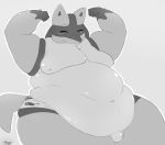  anthro belly big_belly blush bulge canid canine chubby_anthro clothing deep_navel fat_rolls fur hi_res lucario male mammal monochrome moobs navel nintendo nipples obese obese_anthro obese_male overweight overweight_anthro overweight_male pok&eacute;mon pok&eacute;mon_(species) slightly_chubby smile solo thaasteo tight_clothing underwear video_games 