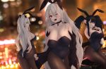  3girls absurdres animal_ears ass azur_lane black_bow black_choker black_hair black_jacket black_legwear black_leotard bow breasts bunny_ears choker cleavage covered_navel detached_collar eyebrows_visible_through_hair fake_animal_ears hand_in_hair heart heart_necklace highleg highleg_leotard highres jacket large_breasts leotard long_hair looking_at_viewer looking_back multiple_girls off_shoulder one_eye_closed open_mouth pantyhose peter_strasser_(azur_lane) playboy_bunny prinz_eugen_(azur_lane) prinz_heinrich_(azur_lane) red_eyes red_nails silver_hair sitting strapless strapless_leotard thighs twintails very_long_hair zynxy 
