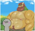  2021 abs ambiguous_gender anon anthro barazoku beard big_muscles blush body_hair border bowser clothing cloud day detailed_background duo english_text eyebrows facial_hair flustered hair happy_trail hi_res horn humanoid koopa looking_at_another male mario_bros musclegut muscular muscular_anthro muscular_male navel nintendo nipple_piercing nipples outside pecs piercing plant pubes scalie shadowmatamori shrub signature size_difference sky standing text underwear video_games white_border 