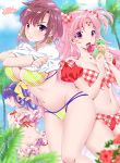  3girls bangs beach bikini breasts brown_eyes character_request collarbone earrings eyebrows_visible_through_hair flower food food_themed_earrings girls_bravo highres ice_cream jewelry large_breasts mario_kaneda multiple_girls navel open_mouth palm_tree pineapple_earrings pink_eyes pink_hair purple_eyes purple_hair shirt_lift short_hair swimsuit tagme tree two_side_up 