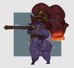  absurd_res areola belly belt big_butt big_hair bodily_fluids bottomless breasts butt clothed clothing dirty fangs female forastero hair hammer hammer_weapon headgear headwear hi_res holding_hammer holding_melee_weapon holding_object holding_weapon huge_butt humanoid humanoid_pointy_ears league_of_legends looking_at_viewer looking_back melee_weapon nipples oil overweight overweight_female overweight_humanoid pigtails poppy_(lol) purple_body purple_skin red_eyes red_hair riot_games short_stack skimpy solo steam sweat teeth thick_thighs tied_hair tools translucent translucent_clothing video_games weapon wide_hips yordle 
