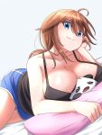  1girl black_camisole blue_eyes blue_shorts borrowed_character breasts brown_hair camisole cleavage cowboy_shot head_rest highres kay_yu large_breasts long_hair lying on_side original pillow samatha_(admiralbahroo) shorts smile solo 