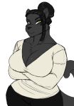  anthro big_breasts black_hair black_nose breasts chest_tuft cleavage clothed clothing felid female fur grey_body grey_fur hair hi_res huge_breasts jwinkz looking_at_viewer mammal nailaa_(jwinkz) pantherine smile solo tuft yellow_eyes 