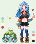  1girl black_shorts blue_eyes blue_hair blue_legwear blush borrowed_character breasts bubble_blowing bulbasaur chewing_gum clothing_cutout collarbone color_guide commission crop_top crossover cutoffs exposed_pocket full_body gen_1_pokemon highres hyou_(hyouga617) long_hair medium_breasts midriff minah_(chaesu) multicolored_sleeves navel original poke_ball poke_ball_(basic) pokemon pokemon_(creature) pokemon_(game) pokemon_rgby shoes shorts shoulder_cutout skeb_commission sneakers striped_sleeves thighhighs 