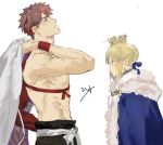  1boy 1girl ahoge artoria_pendragon_(all) blonde_hair blush crown emiya_shirou fate/grand_order fate/stay_night fate_(series) from_side limited/zero_over limited_palette looking_at_another looking_up matoba_(ga6life) red_hair saber sengo_muramasa_(fate) shirtless signature simple_background toned toned_male upper_body white_background wristband 
