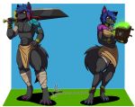  absurd_res alpha_channel anthro blue_hair bottomwear bracelet canid canine canis clothing duo fantasy female fighting_pose greatsword hair hi_res jewelry loincloth magic magic_book male mammal masterzoroark666 pose tattoo telegram tribal tribal_tattoo wolf 
