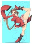  1girl ankle_boots bangs bare_shoulders blue_background boots brown_eyes brown_hair china_dress chinese_clothes commentary_request dress flexible full_body guilty_gear hair_ornament hairclip high_heels highres kicking kuma_(jk0073) kuradoberi_jam leg_up looking_at_viewer open_mouth panties red_dress red_footwear shiny shiny_skin simple_background smile solo split thighhighs underwear white_panties wide_sleeves 