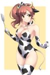  1girl animal_ears animal_print bangs bare_shoulders blonde_hair blush breasts brown_hair cleavage cleavage_cutout closed_mouth clothing_cutout collarbone covered_navel cow_ears cow_horns cow_print cow_tail cowboy_shot elbow_gloves eyebrows_visible_through_hair fake_animal_ears fake_horns fake_tail gloves groin hairband halterneck highres holding horns idolmaster idolmaster_cinderella_girls igarashi_kyouko large_breasts long_hair looking_at_viewer o-ring outside_border pataneet print_gloves print_legwear print_leotard side_ponytail simple_background solo spatula tail thighhighs two-tone_hairband white_gloves white_legwear yellow_background 