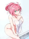  1girl blush breasts cleavage green_eyes hand_on_leg highres kay_yu large_breasts long_hair looking_at_viewer naked_towel navel no_nose original pink-haired_girl_(kay_yu) pink_hair ponytail smile solo steam towel water 