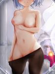  1girl black_legwear blurry blurry_background blush breasts breasts_apart closed_mouth genshin_impact highres looking_at_mirror medium_breasts mirror navel noelle_(genshin_impact) nude pantyhose rs short_hair silver_hair solo standing stomach 