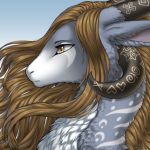  1:1 2020 brown_eyes brown_hair colored digital_media_(artwork) dragon eyebrows eyelashes fur gradient_background grey_body grey_fur hair horn jay-kuro long_hair looking_aside portrait signature simple_background sky yellow_eyes 