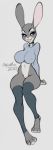  anthro big_breasts blouse breasts buckteeth choker clothing disney female fur grey_body grey_fur hi_res jewelry judy_hopps lagomorph legwear leporid mammal milkymittens necklace purple_eyes rabbit signature solo stockings sweater teeth thick_thighs topwear zootopia 