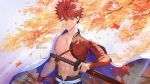  1boy autumn_leaves darkavey emiya_shirou fate/grand_order fate_(series) floral_print holding holding_sword holding_weapon igote katana leaf light limited/zero_over looking_at_viewer male_focus red_hair sengo_muramasa_(fate) shirtless smile solo sword toned toned_male tree_branch upper_body weapon wristband yellow_eyes 